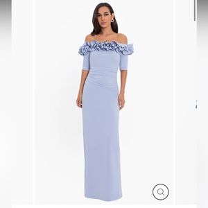 "Isla" Long Crepe Off the Shoulder Ruffle Dress